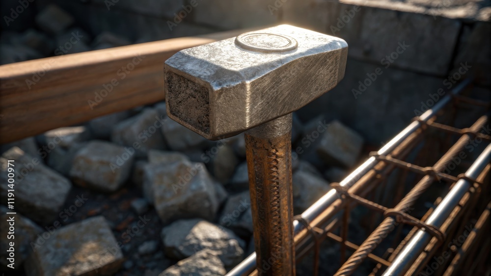 Closeup of the heavy steel hammer just inches away from a reinforced concrete pile with sunlight gleaming off its surface highlighting the robust construction materials used. Closeup of the heavy steel hammer just inches away from a reinforced concrete pile with sunlight gleaming off its surface highlighting the robust construction materials used.