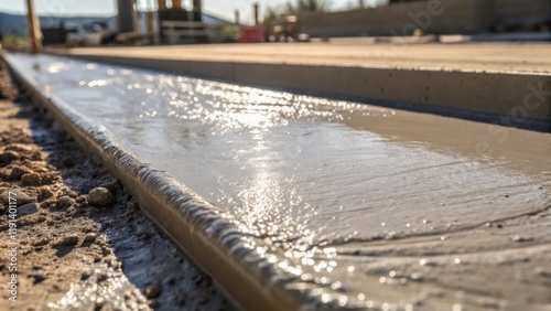 Closeup of wet concrete being poured the smooth viscous texture glistening under the sunlight capturing the essence of transformation from raw material to a solid foundation. photo