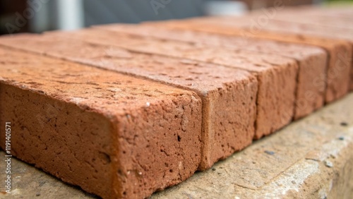 Closeup view of a single brick featuring its textured surface adorned with slight imperfections that showcase the craftsmanship and unique character of each piece. photo