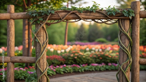 Detailed view of a decorative garden border made from repurposed materials featuring natural wood stakes intertwined with climbing vines creating an organic frame for the vibrant photo