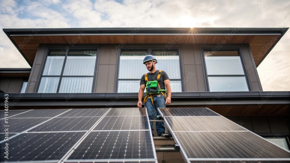 Energy Efficiency Medium closeup of a technician installing solar panels on a newly constructed building capturing the integration of renewable energy technologies into the design Energy Efficiency Medium closeup of a technician installing solar panels on a newly constructed building capturing the integration of renewable energy technologies into the design