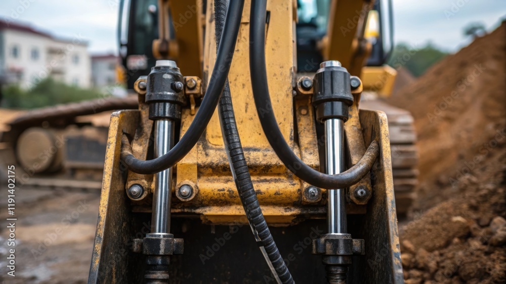 Focused on the hydraulic mechanisms of a backhoe hydraulic hoses and joints glistening with grease as it shifts the earth aside for foundation work. Focused on the hydraulic mechanisms of a backhoe hydraulic hoses and joints glistening with grease as it shifts the earth aside for foundation work.