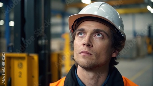 Focus and Determination A medium closeup features the intense gaze of a worker as they observe the lifts trajectory reflecting the concentration and mental engagement necessary for