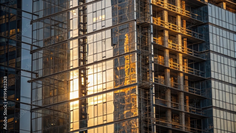 Glass Reflections A medium closeup of a highrise building under construction with sections of glass catching sunlight. The reflections create a mosaic of light and shadow Glass Reflections A medium closeup of a highrise building under construction with sections of glass catching sunlight. The reflections create a mosaic of light and shadow