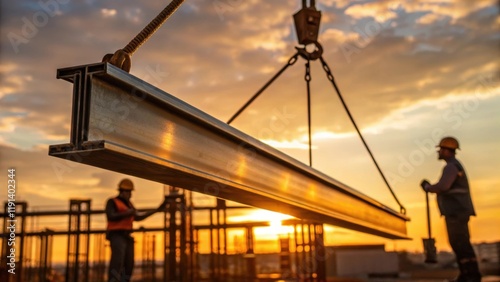 Golden Hour Glow A closeup of a metal beam being hoisted by a crane bathed in the warm golden hues of sunset. Reflections shine off the beams surface as the workers take a break photo