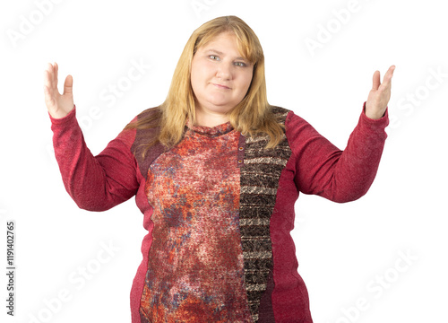 Casual Woman Shrugging with an Uncertain Expression photo