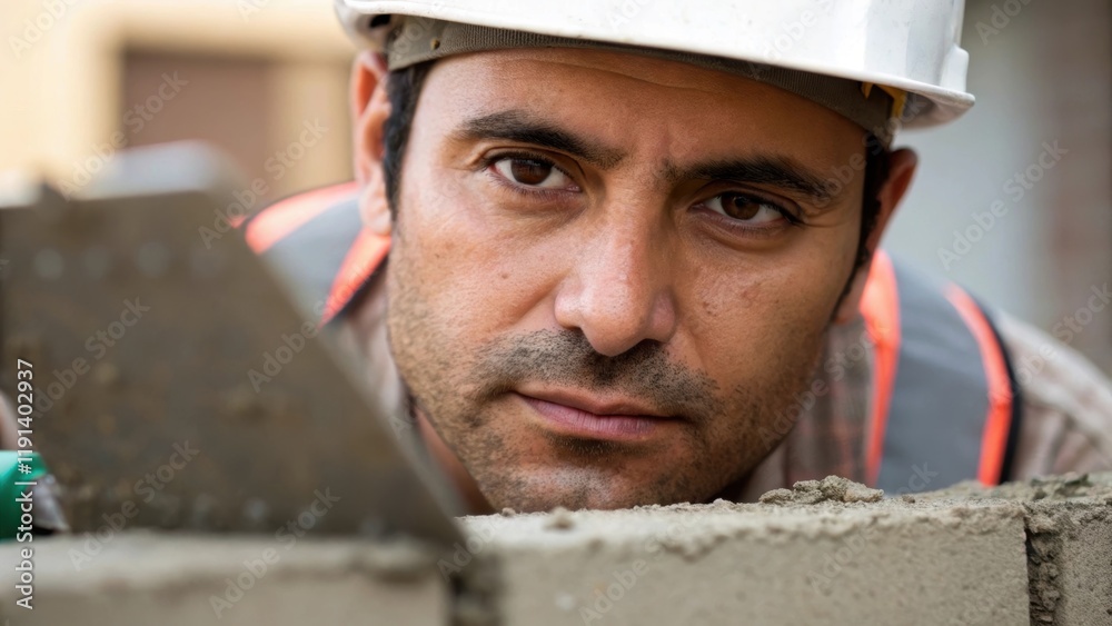 Medium closeup captures the workers face slightly perspiring concentrating with furrowed brows while merging the trowels edge into the mortar seam reflecting dedication. Medium closeup captures the workers face slightly perspiring concentrating with furrowed brows while merging the trowels edge into the mortar seam reflecting dedication.