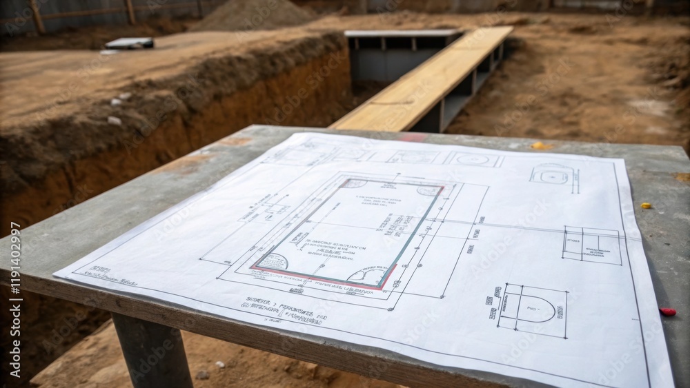 Fototapeta premium Medium closeup capturing an architects blueprint spread out on a makeshift table beside the foundation pit where chalk marks on the ground point to precise locations for structural