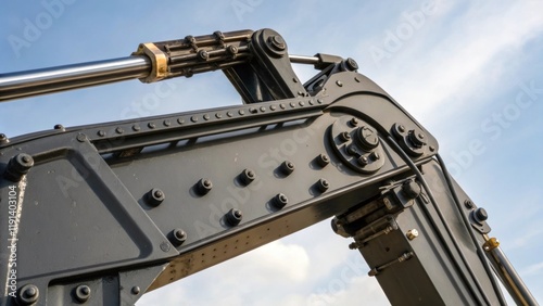 Medium closeup image of the hydraulic arms structure with rivets and bolts clearly visible portraying its robust design as it effortlessly elevates an oversized cargo piece. photo