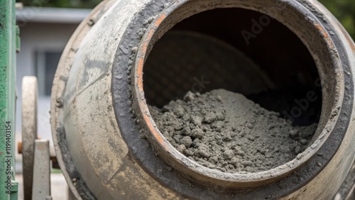 Medium closeup of a concrete mixers drum partially filled with raw materials as it spins slowly with newly formed clumps of concrete visible at the opening. photo