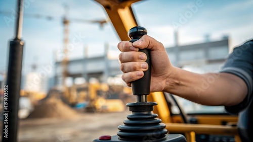 Medium closeup of an operators hand gripping the joystick of an excavator with a blurred worksite in the background capturing the precision and control involved in handling such