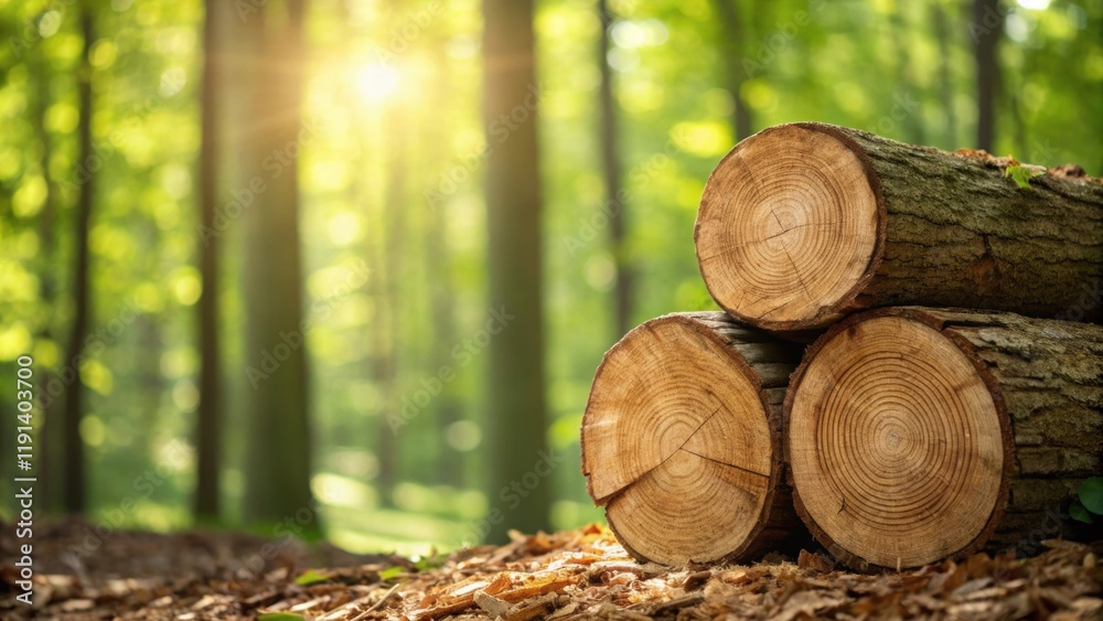 Medium closeup of a stack of freshly timber showing the rings of the wood in fine detail with a backdrop of dappled sunlight illuminating the vibrant forest foliage. Medium closeup of a stack of freshly timber showing the rings of the wood in fine detail with a backdrop of dappled sunlight illuminating the vibrant forest foliage.