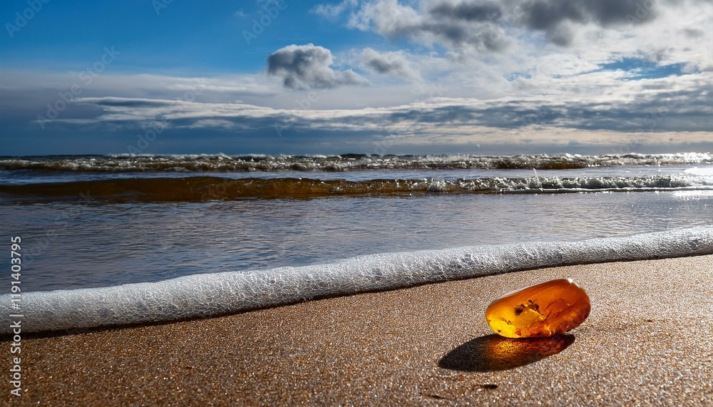 Obraz premium Generated image A close-up of Baltic Sea amber washed up on a sandy beach, with waves gently rolling