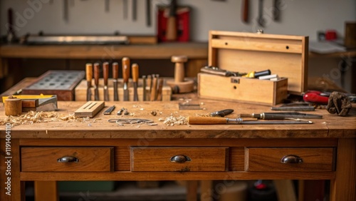 Medium closeup of a wooden workbench cluttered with hand tools screws and metal shavings illustrating a craftsmans workspace in midst of a project. photo