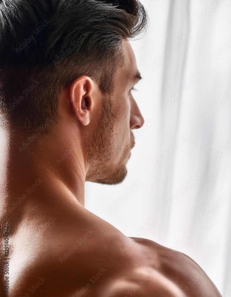 Naklejka premium Extreme closeup of shoulder of a beautiful athletic man, back view, blurred white curtain background, natural light