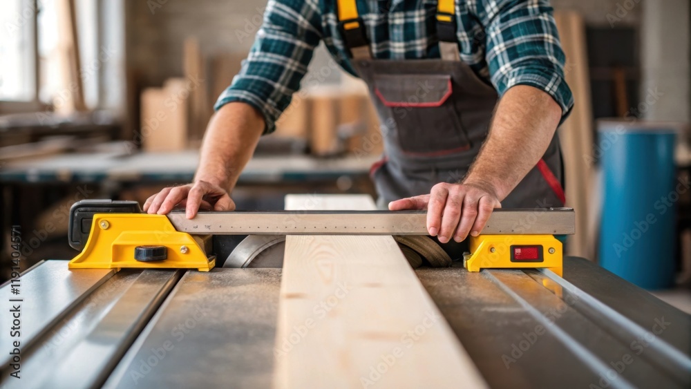 Medium closeup of the worker adjusting the settings on the saw with one hand while the other stabilizes the lumber on the workbench showcasing the blend of skill and machinery. Medium closeup of the worker adjusting the settings on the saw with one hand while the other stabilizes the lumber on the workbench showcasing the blend of skill and machinery.