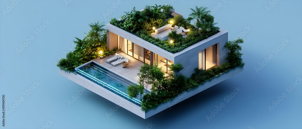 Fototapeta premium Modern Tropical Villa with Swimming Pool and Lush Greenery on Rooftop