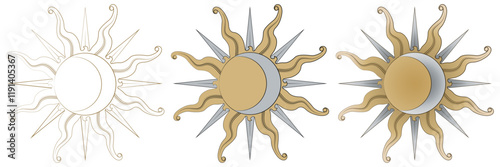 Magical celestial design template for astrology, fortune telling. Sun face, crescent moon in retro esoteric style. Vector illustration.