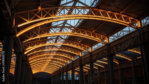  the beams glow warmly emphasizing the angelic curves and sharp angles of the industrial skeleton. photo