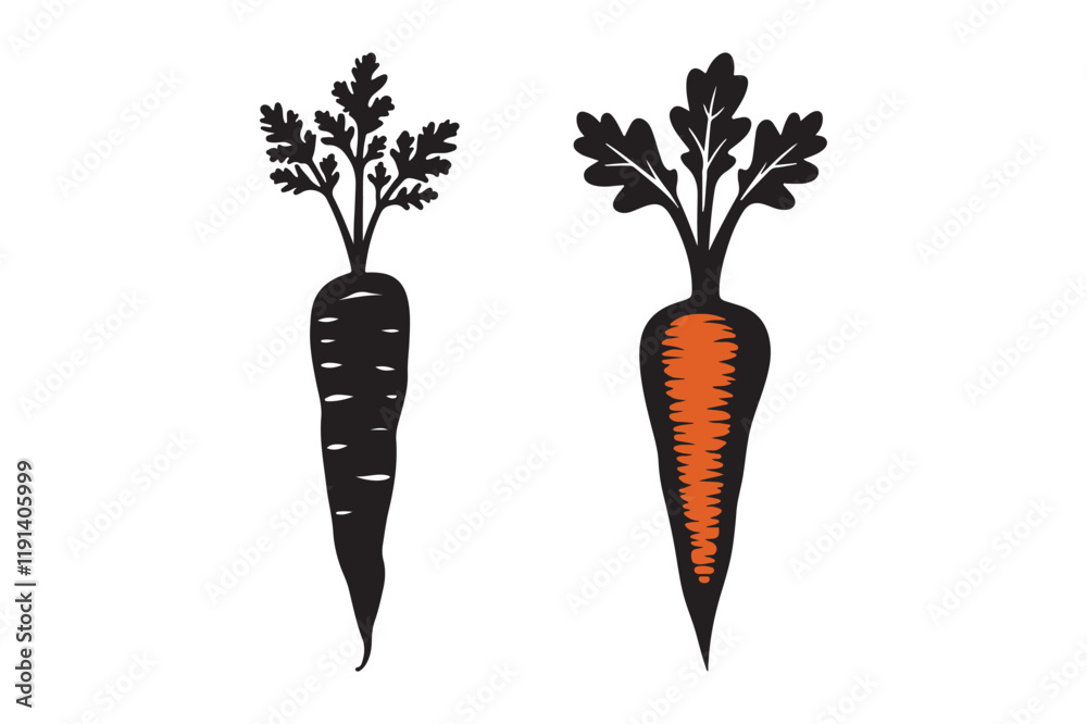 Hand-Drawn Carrot Clipart in Silhouette and Color Variations Hand-Drawn Carrot Clipart in Silhouette and Color Variations