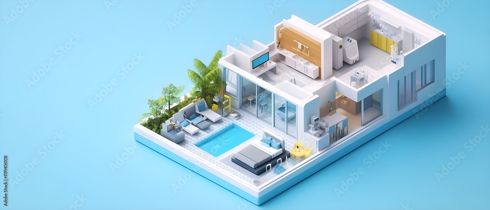 Naklejka premium Modern Minimalist House with Pool and Garden in Bright Blue Environment