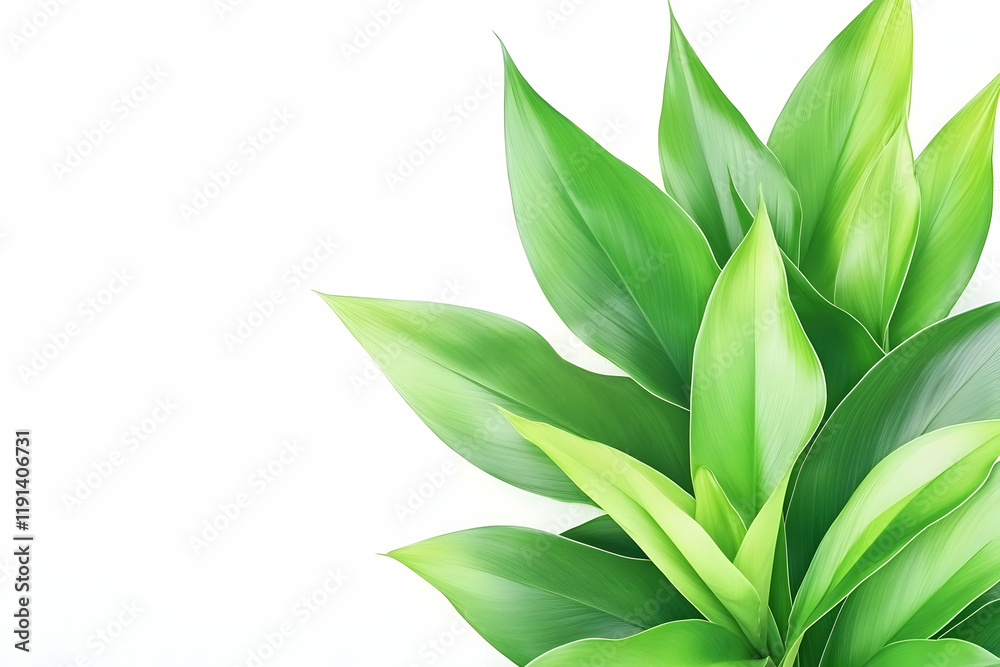 Lush green leaves arranged on white background; nature, freshness, growth concept; ideal for websites, brochures, or advertisements Lush green leaves arranged on white background; nature, freshness, growth concept; ideal for websites, brochures, or advertisements