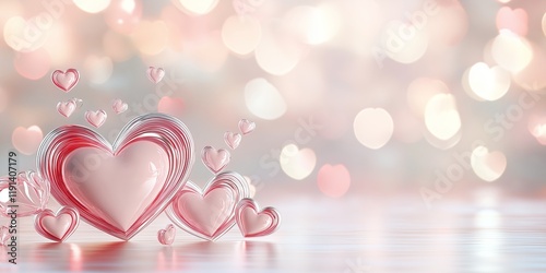 Valentines Day background. Cluster Of Pink And Red Glass Hearts On Soft Glow Backdrop. Perfect Romantic Design For Wedding Invitations, Postcards, And Love Themes. AI generated