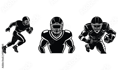 Set of American Football Player Silhouettes Running, Ready, Gridiron Action