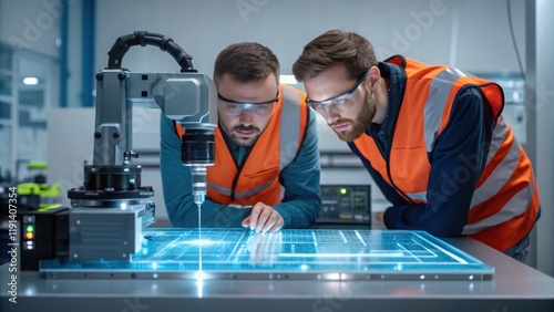 Two technicians focus intently on a holographic display that projects 3D blueprints while a robotic device makes intricate s on a piece of metal demonstrating seamless humanmachine photo