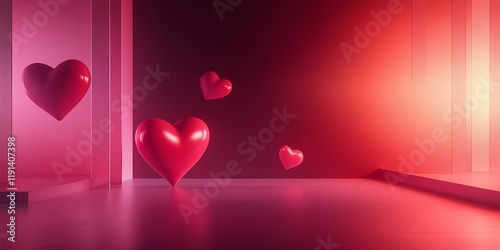 Valentines Day background. Red Glossy Hearts Floating In Minimalist Pink Room With Shadows And Gradient Light. Perfect Modern Romantic Design For Invitations, Cards, And Weddings. AI generated