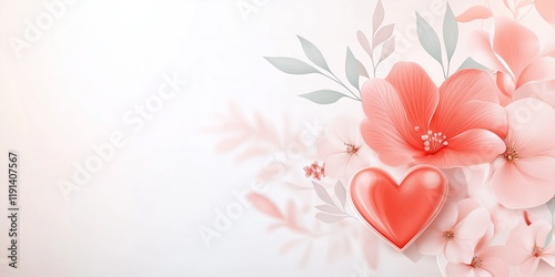 Valentines Day background. Red Glass Heart Surrounded By Soft Pink Flowers And Green Leaves On Light Neutral Backdrop. Elegant Romantic Scene Perfect For Weddings And Invitations. AI generated