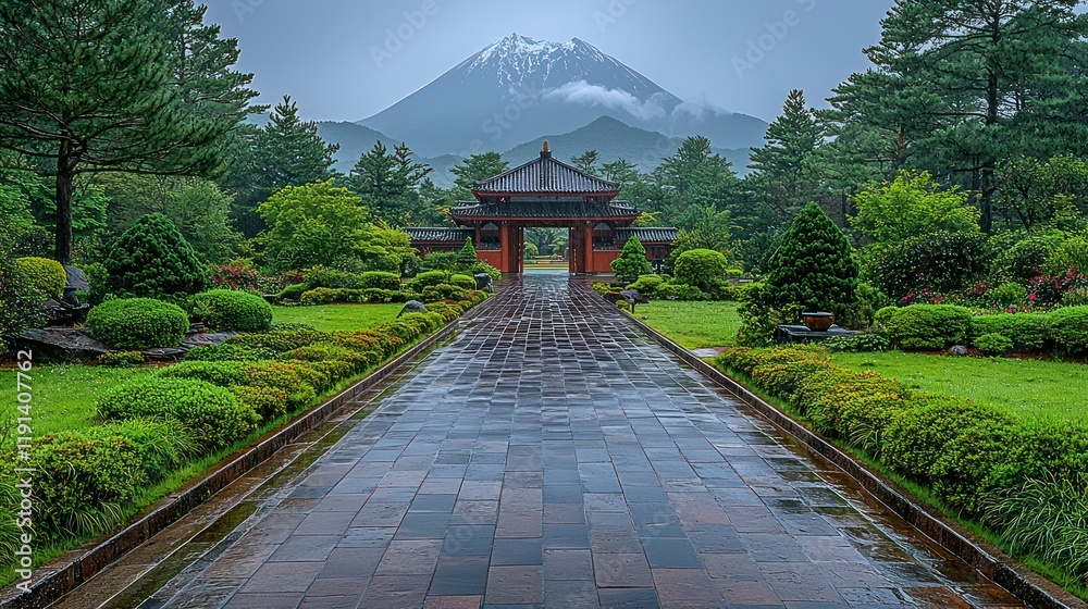 Obraz premium Serene Japanese Garden with Mountain View