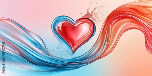 Valentines Day background. Vibrant Red And Blue Glass Heart With Dynamic Wavy Lines On Gradient Backdrop. Perfect For Romantic Invitations, Holiday Designs, And Wedding Themes. AI generated