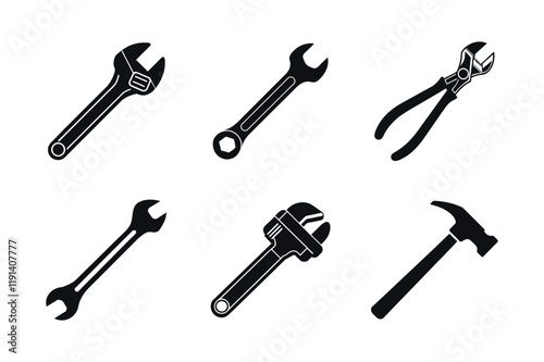 set of tools icon.  silhouette of alabor day element hammer, Wrench, Pipe Wrench, Plier and Open end wrench black color simple clean vector illustration on a white background