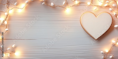 Valentines Day background. Wooden Heart On White Texture With Warm Fairy Lights. Minimalist Romantic Backdrop Perfect For Wedding Invitations, Love Themes, And Holiday Cards. AI generated
