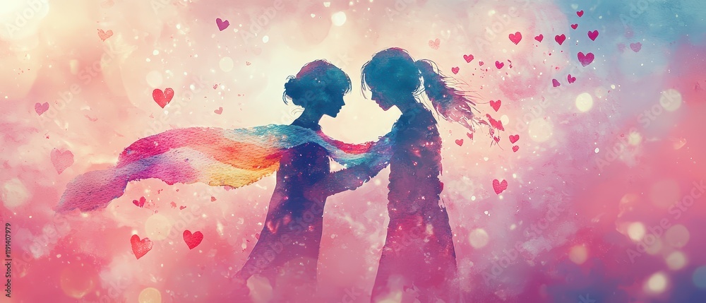 Two Silhouettes in Colorful Background Engaged in a Heartfelt Embrace Surrounded by Dreamy Hearts and Light Two Silhouettes in Colorful Background Engaged in a Heartfelt Embrace Surrounded by Dreamy Hearts and Light