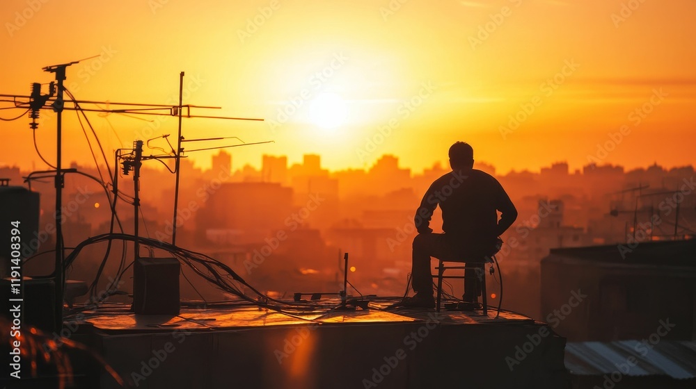 Fototapeta premium Silhouette person rooftop sunset city view antennas.