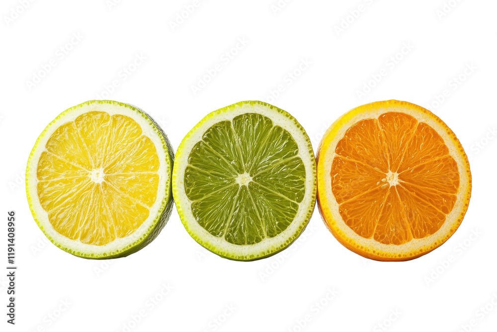 Slices of citrus fruits displayed in a row showcasing vibrant colors and textures of lemon, lime, and orange Slices of citrus fruits displayed in a row showcasing vibrant colors and textures of lemon, lime, and orange