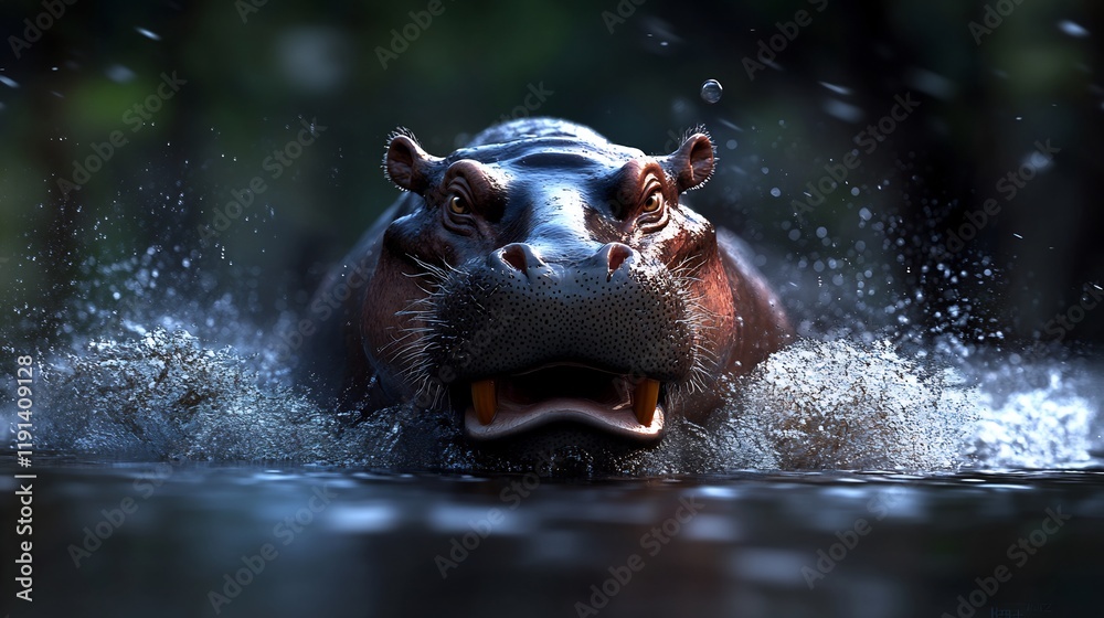 Fototapeta premium Hippopotamus charging through water, powerful and majestic, a breathtaking wildlife scene.