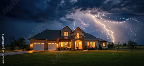  Lightning striking over a house at night, symbolizing the power of thunderstorm weather events in home protection and sprite security.