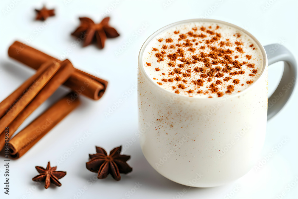 Cozy Warm Beverage with Cinnamon and Star Anise on a White Background Cozy Warm Beverage with Cinnamon and Star Anise on a White Background