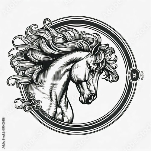 Intricately detailed line art graphic in a clean vector style, featuring a prominent black and white logo within a circular border, showcasing a majestic mustang with a wildly flowing mane, gazing int photo