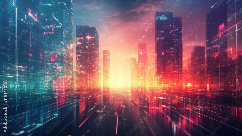 Fototapeta premium Futuristic Cityscape at Sunset Digital Art