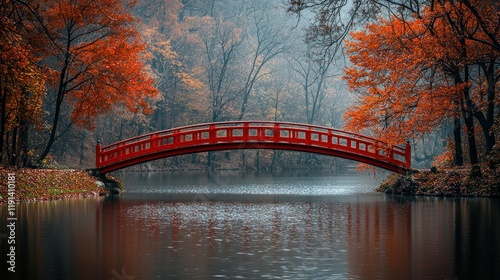 Serene Autumnal Bridge: A Red Arch Over Still Waters photo