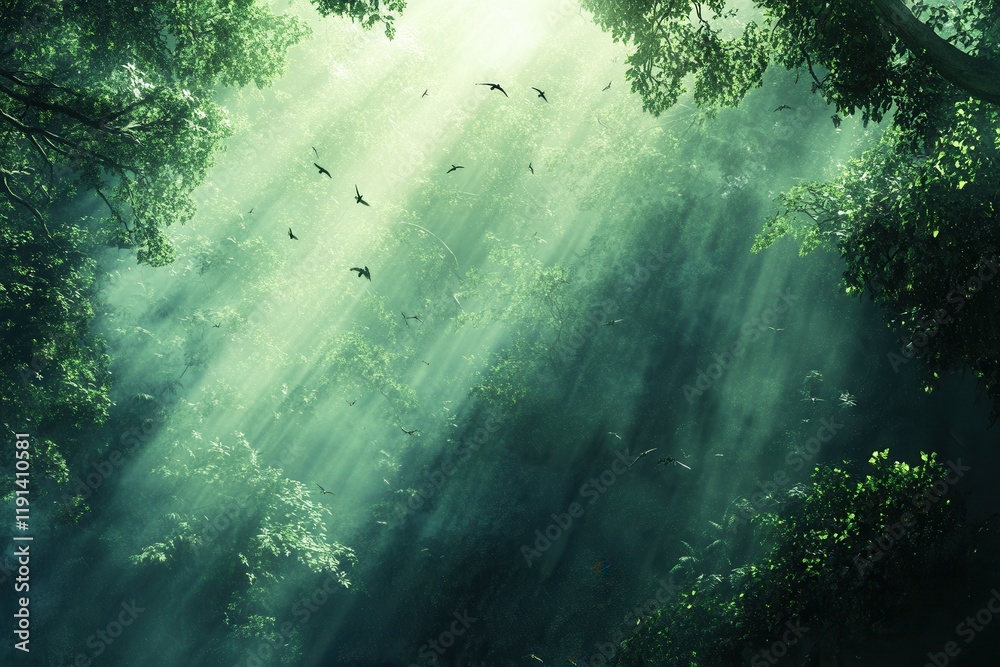Obraz premium Sunlit jungle canopy with birds soaring amidst tall lush green trees.