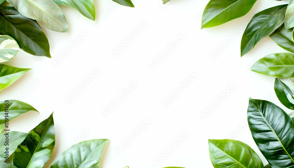 Lush green leaves frame a white background, ideal for text or product placement