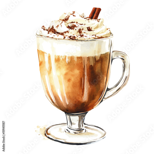 A watercolor drawing of an eggnog latte, isolated on a white background. Eggnog Latte vector.
