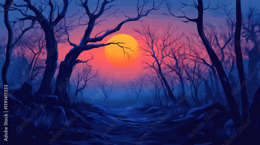 Forest Path Sunset Orange Moon Trees Landscape Forest Path Sunset Orange Moon Trees Landscape