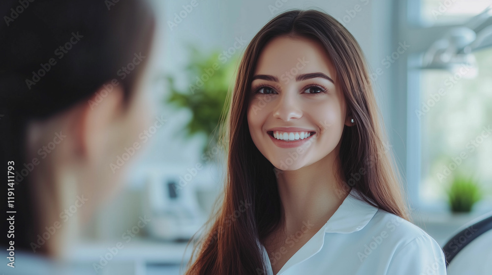 Warm greeting from a dental clinic receptionist to a patient in a bright, welcoming environment Warm greeting from a dental clinic receptionist to a patient in a bright, welcoming environment