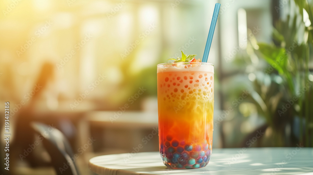 A refreshing bubble tea drink with colorful layers served in a cozy café during the afternoon sun A refreshing bubble tea drink with colorful layers served in a cozy café during the afternoon sun